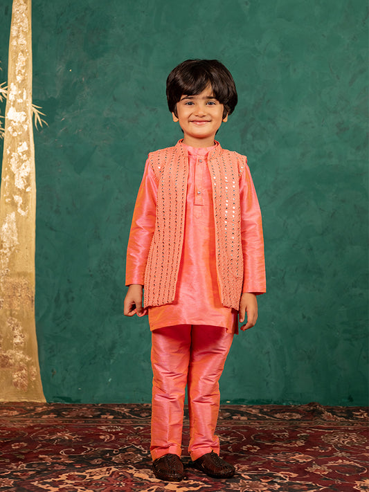 Boys Bright Salmon Coloured Kurta and Pant with Georgette Mirror work Bundi Jacket (Set of 3)