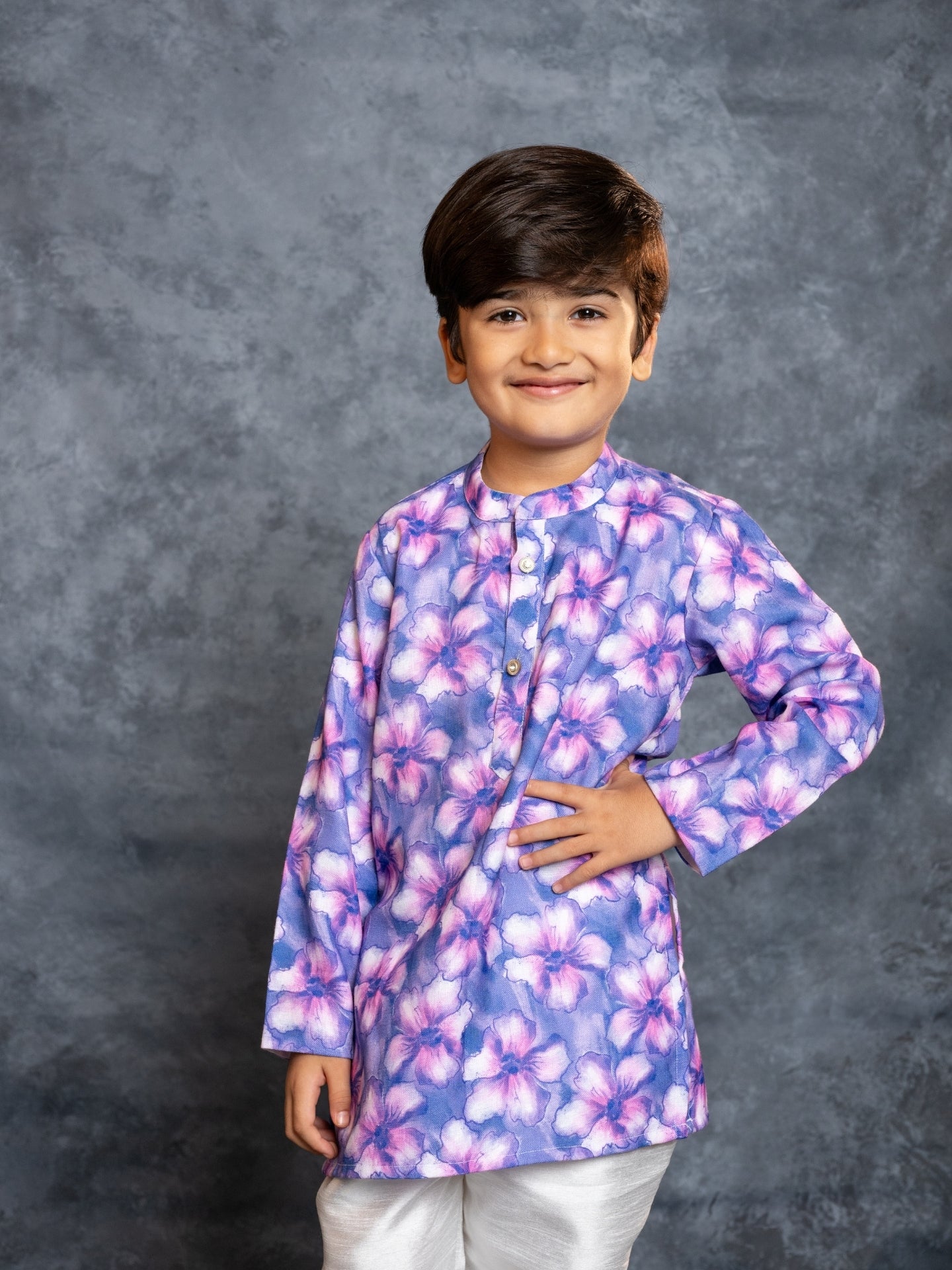 Boys Cotton Linen Digital Printed Purple Kurta with Pant (set of 2)