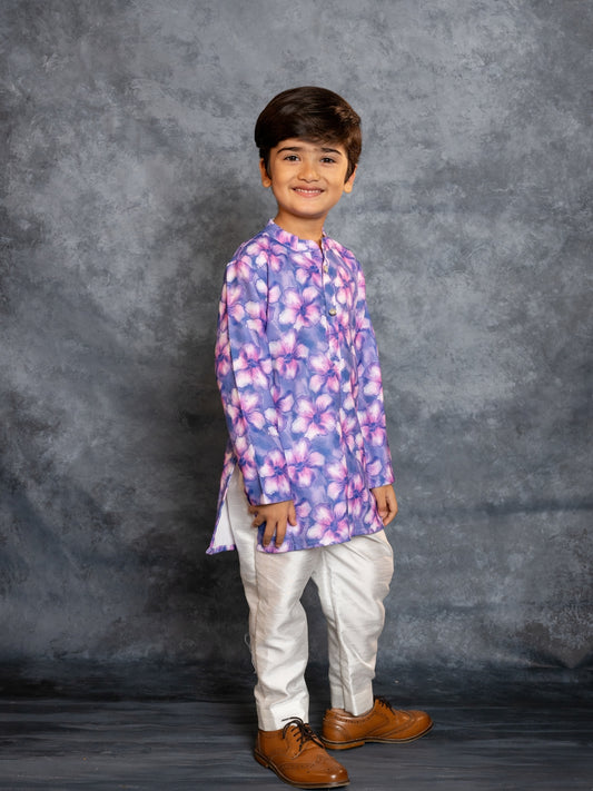 Boys Cotton Linen Digital Printed Purple Kurta with Pant (set of 2)