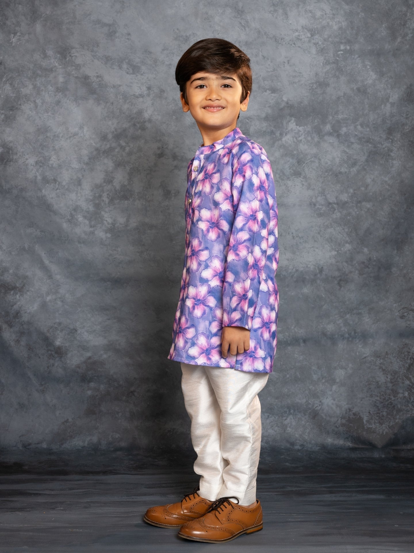 Boys Cotton Linen Digital Printed Purple Kurta with Pant (set of 2)