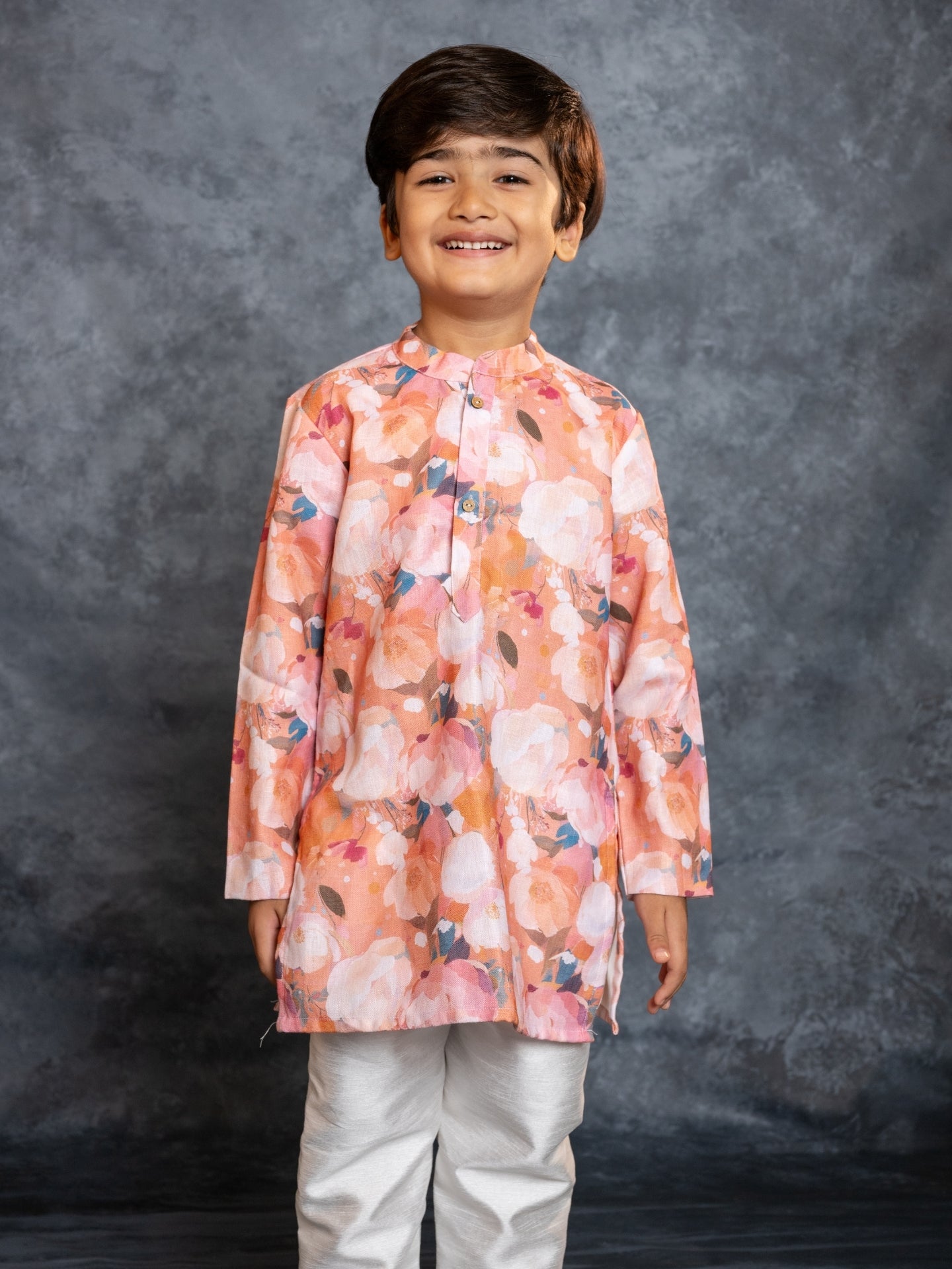Boys Cotton Linen Digital Printed Rust Kurta with Pant (Set of 2)