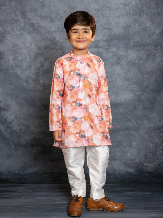 Boys Cotton Linen Digital Printed Rust Kurta with Pant (Set of 2)