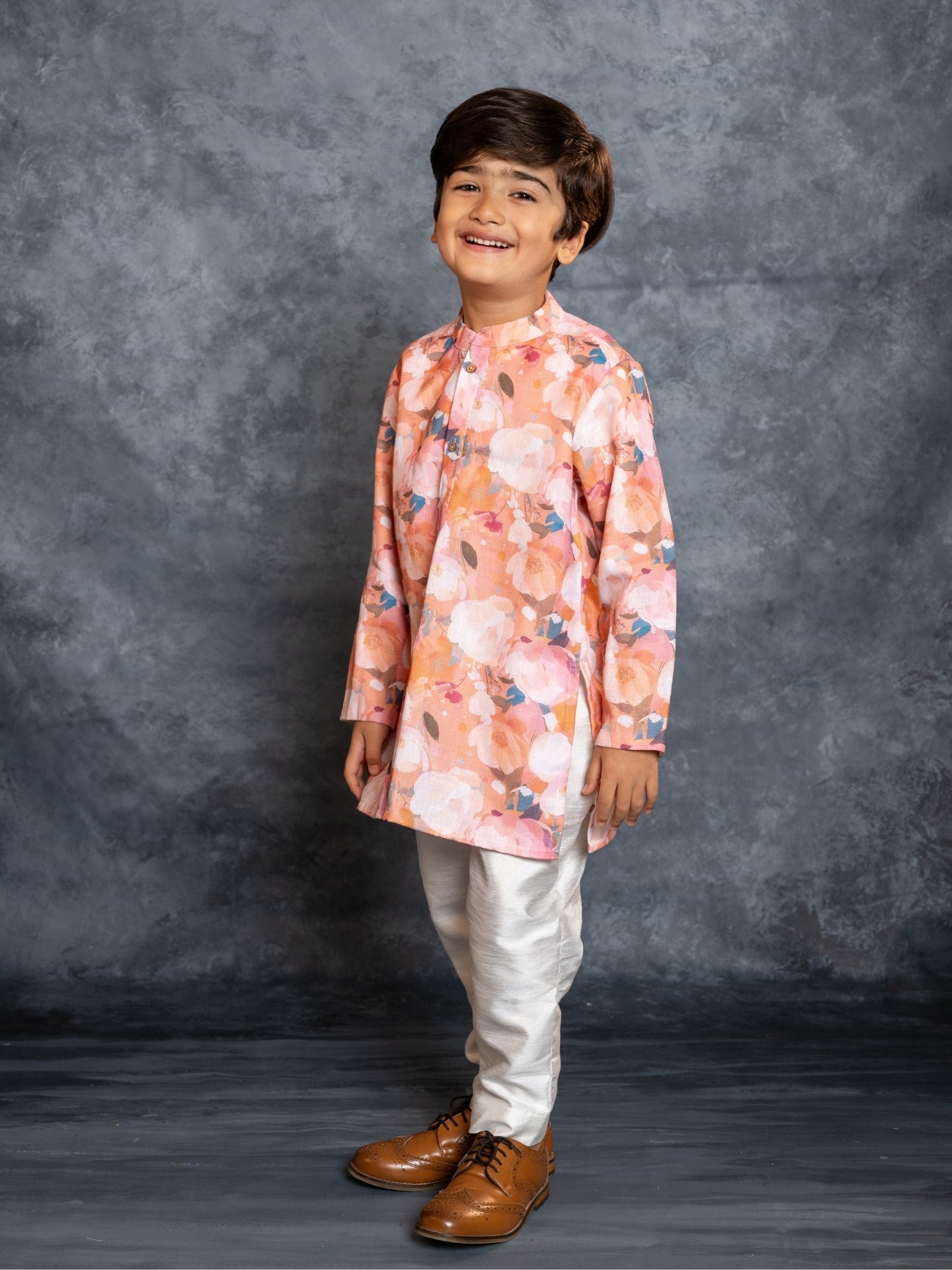 Boys Cotton Linen Digital Printed Rust Kurta with Pant (Set of 2)