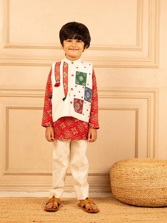 Boys Digital Patola Print Kurta and White Pant with Hand worked Jacket (Set of 3)