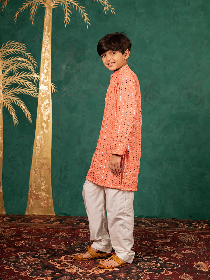 Boys Georgette Mirror work Light Salmon Coloured Kurta With White Pant (Set of 2)
