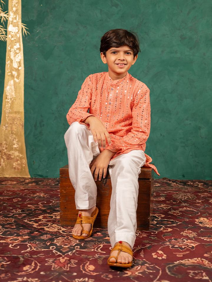Boys Georgette Mirror work Light Salmon Coloured Kurta With White Pant (Set of 2)