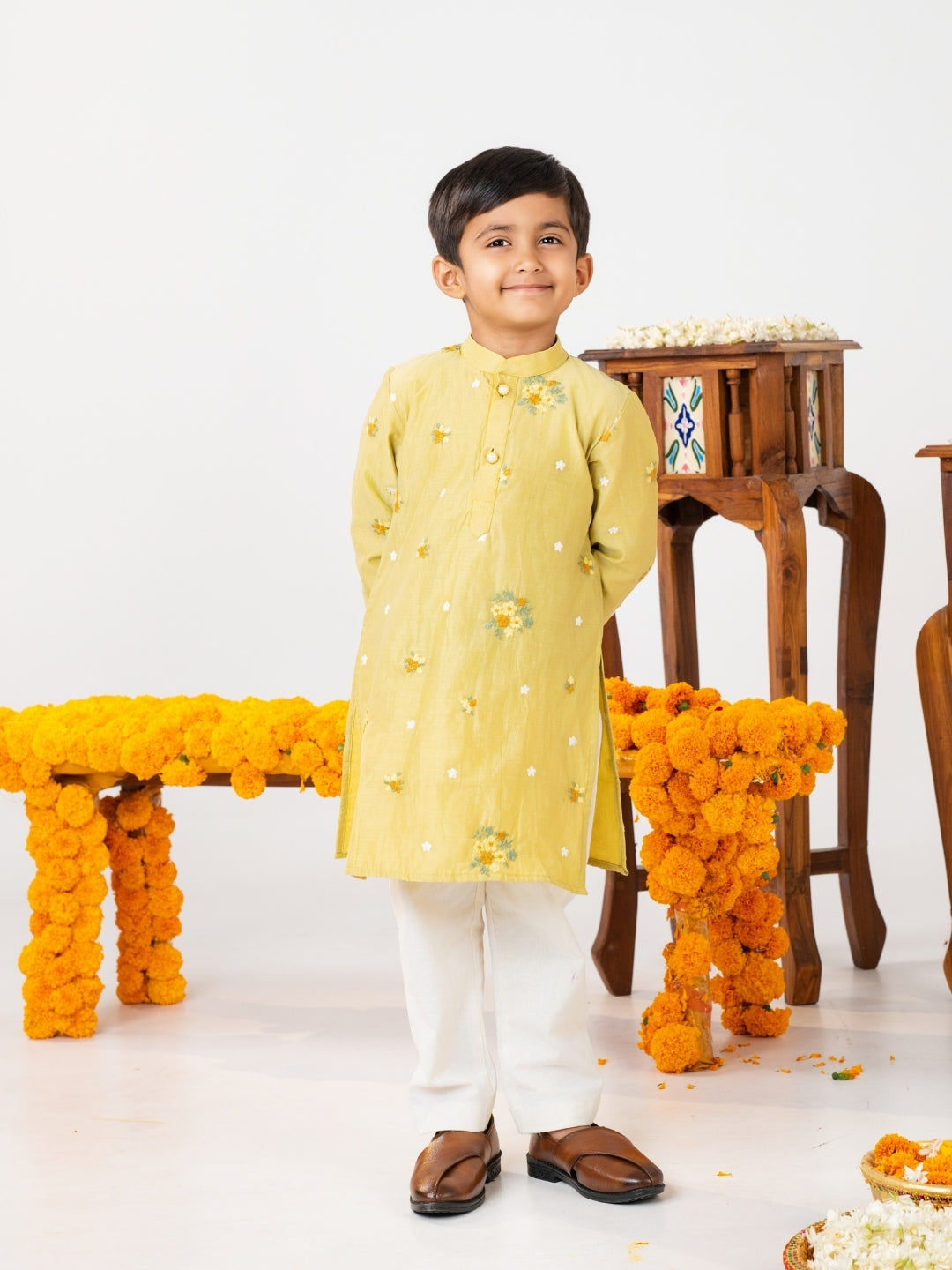 Boys Light Mustard Embroidered Kurta Pant Set (Set of 2)