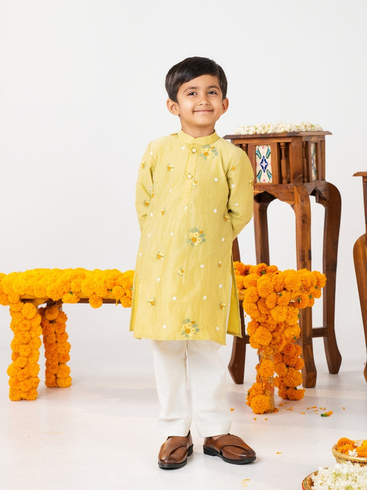 Boys Light Mustard Embroidered Kurta Pant Set (Set of 2)