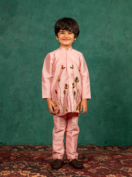 Boys Light Pink Silk Kurta and Pants with Handwork Acrylic Bundi Jacket ( Set of 3)