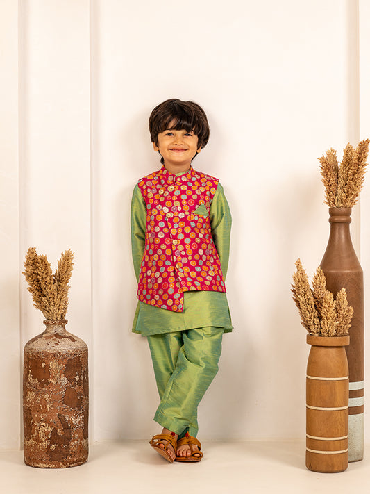 Boys Lime Green Kurta and White Pant with Pink Ethnic Jacket(Set of 3)