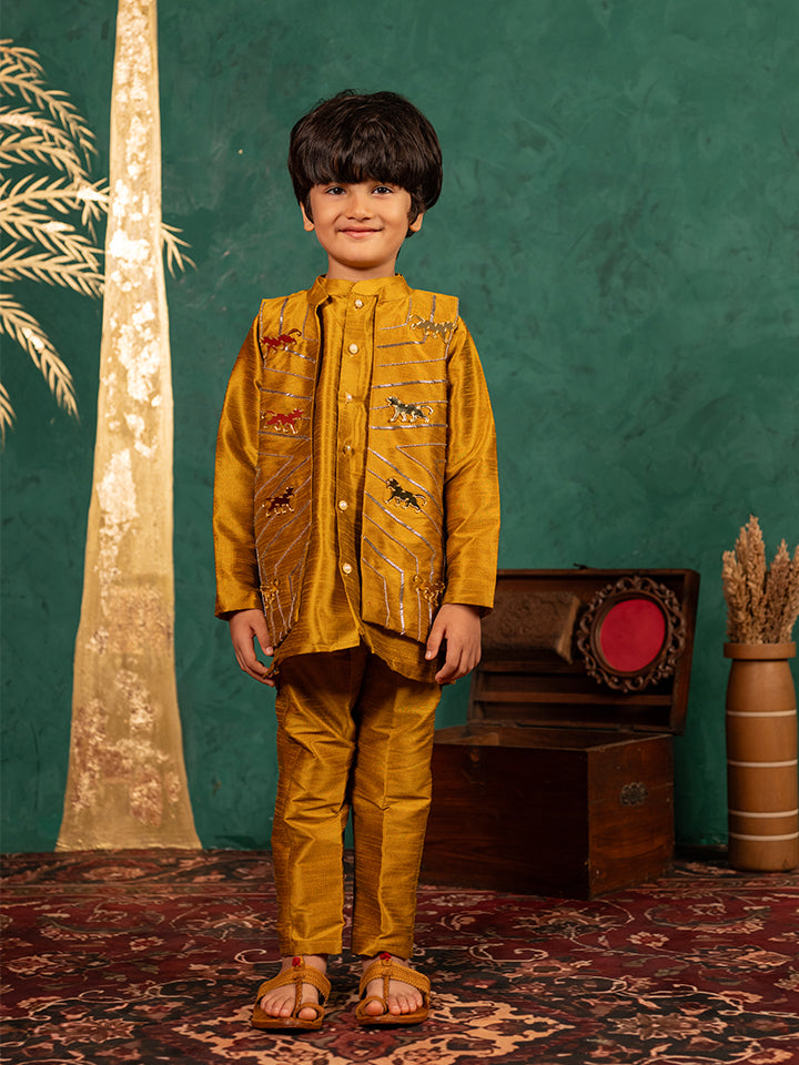 Boys Mustard Yellow Silk Kurta and Pants with Handwork Acrylic Bundi Jacket ( Set of 3)
