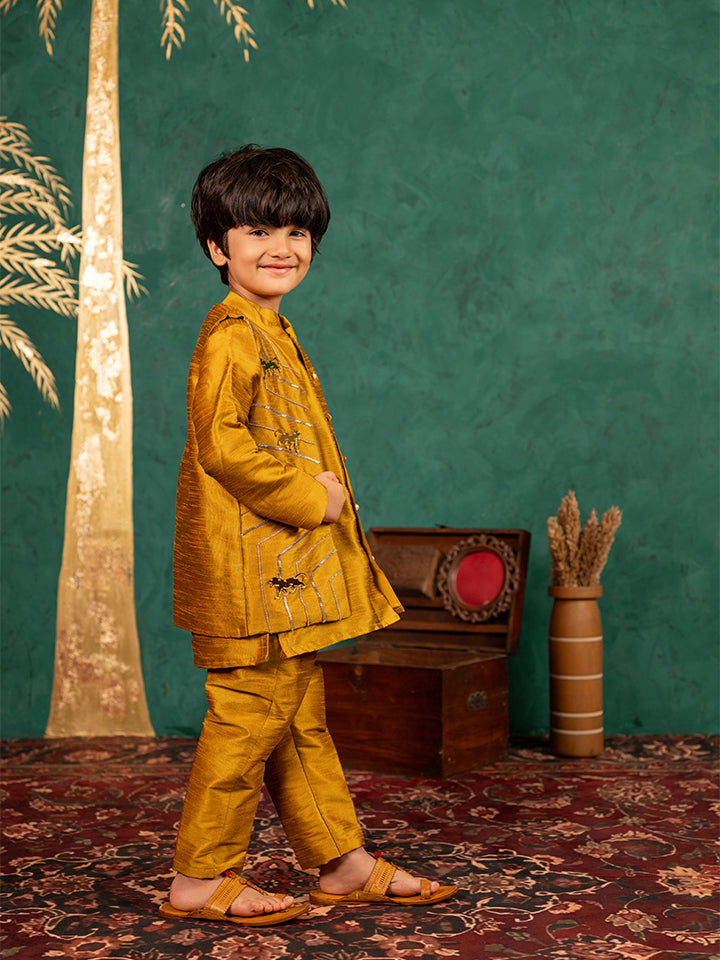 Boys Mustard Yellow Silk Kurta and Pants with Handwork Acrylic Bundi Jacket ( Set of 3)