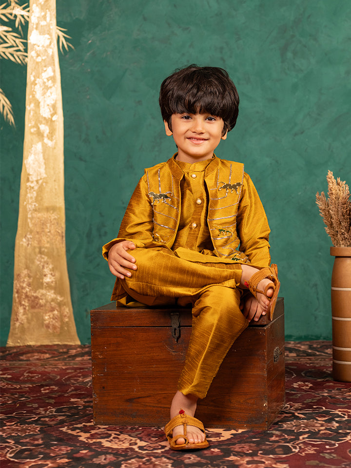 Boys Mustard Yellow Silk Kurta and Pants with Handwork Acrylic Bundi Jacket ( Set of 3)