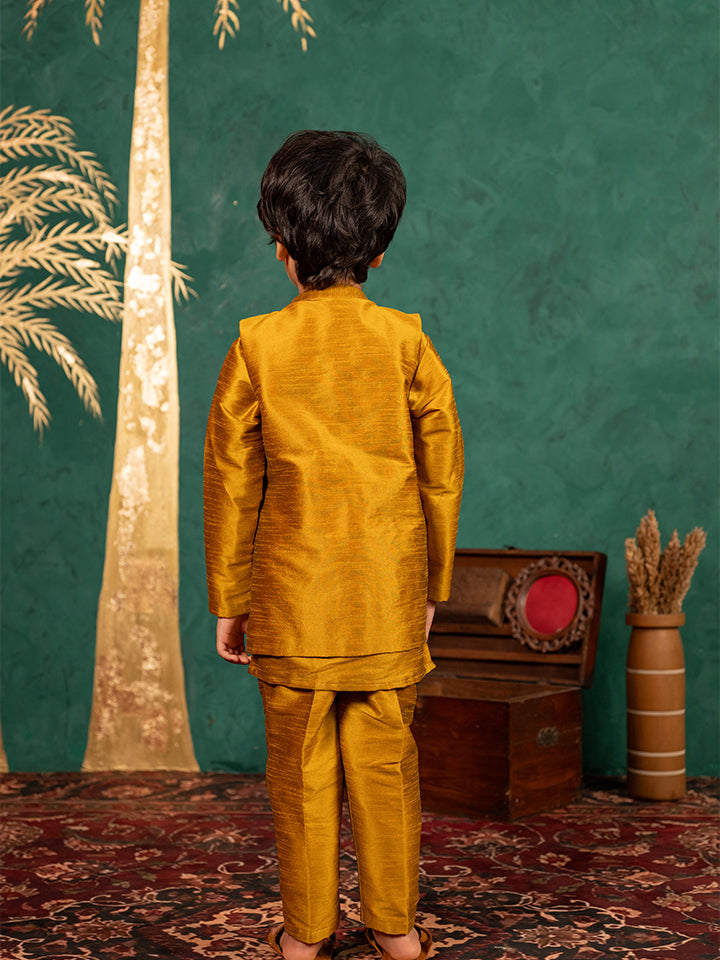 Boys Mustard Yellow Silk Kurta and Pants with Handwork Acrylic Bundi Jacket ( Set of 3)