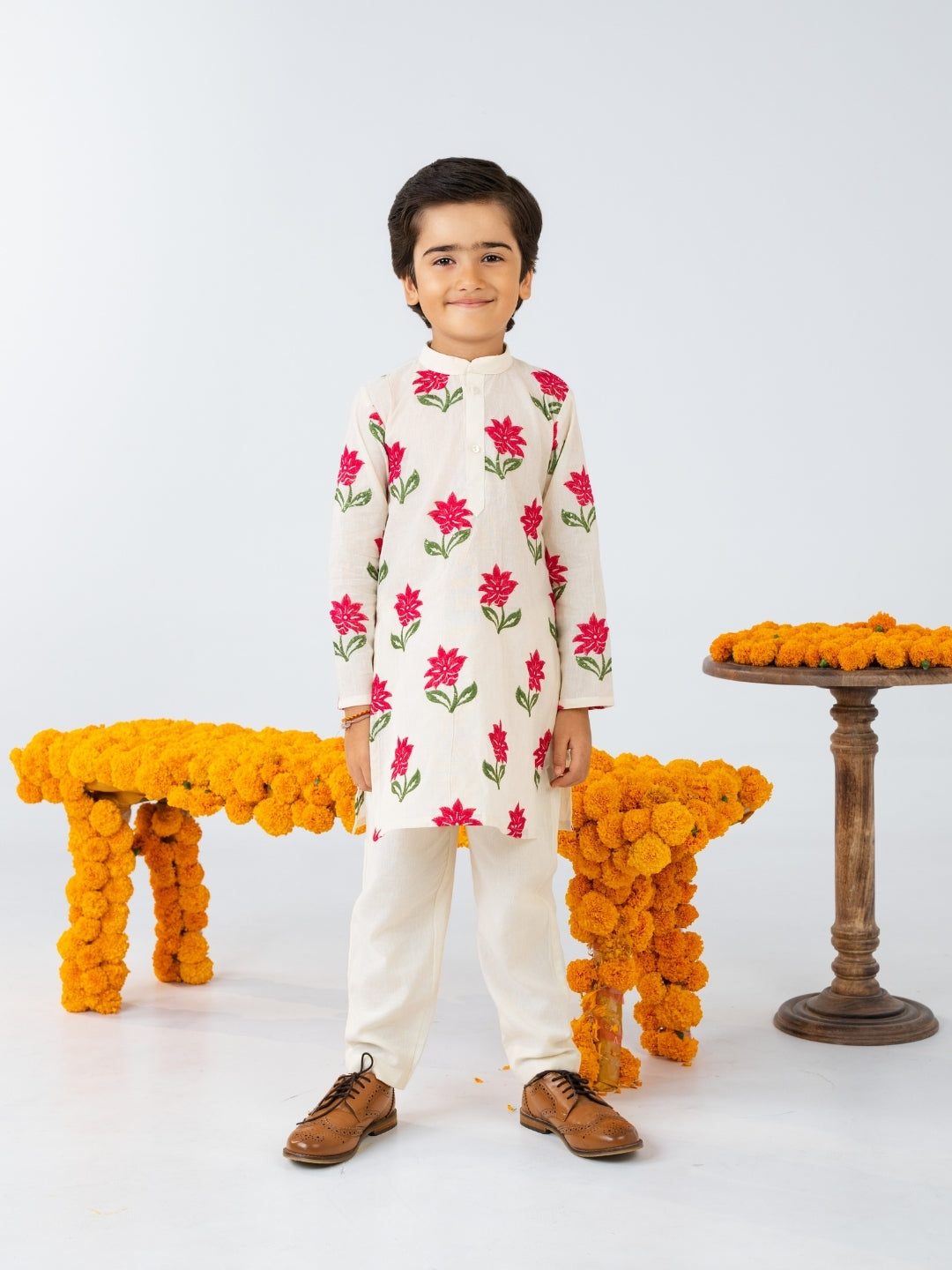 Boys Off White Floral Print Ethnic Kurta Pant Set (Set of 2)