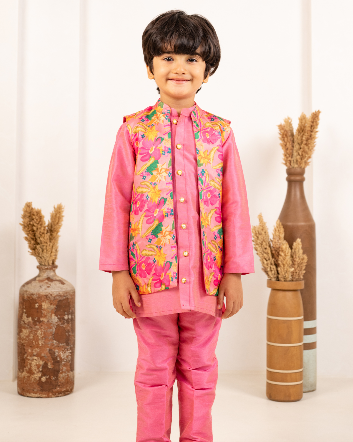 Boys Pink Kurta & Girls Floral Lehenga Matching Set