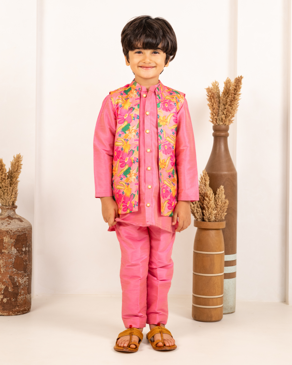 Boys Pink Kurta & Girls Floral Lehenga Matching Set