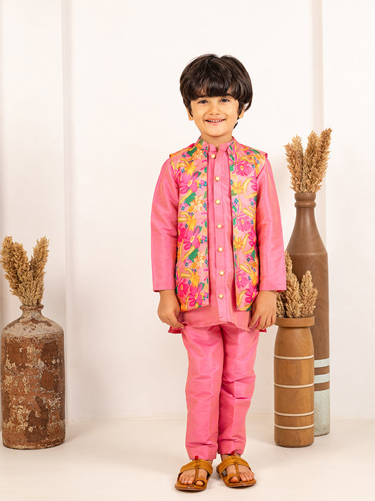 Boys Pink Kurta and Pant with Roman Digital Print Jacket (Set of 3)