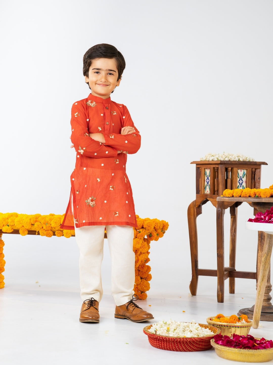 Boys Rust Orange Kurta Pant & Girls Lehenga Matching Sibling Outfit