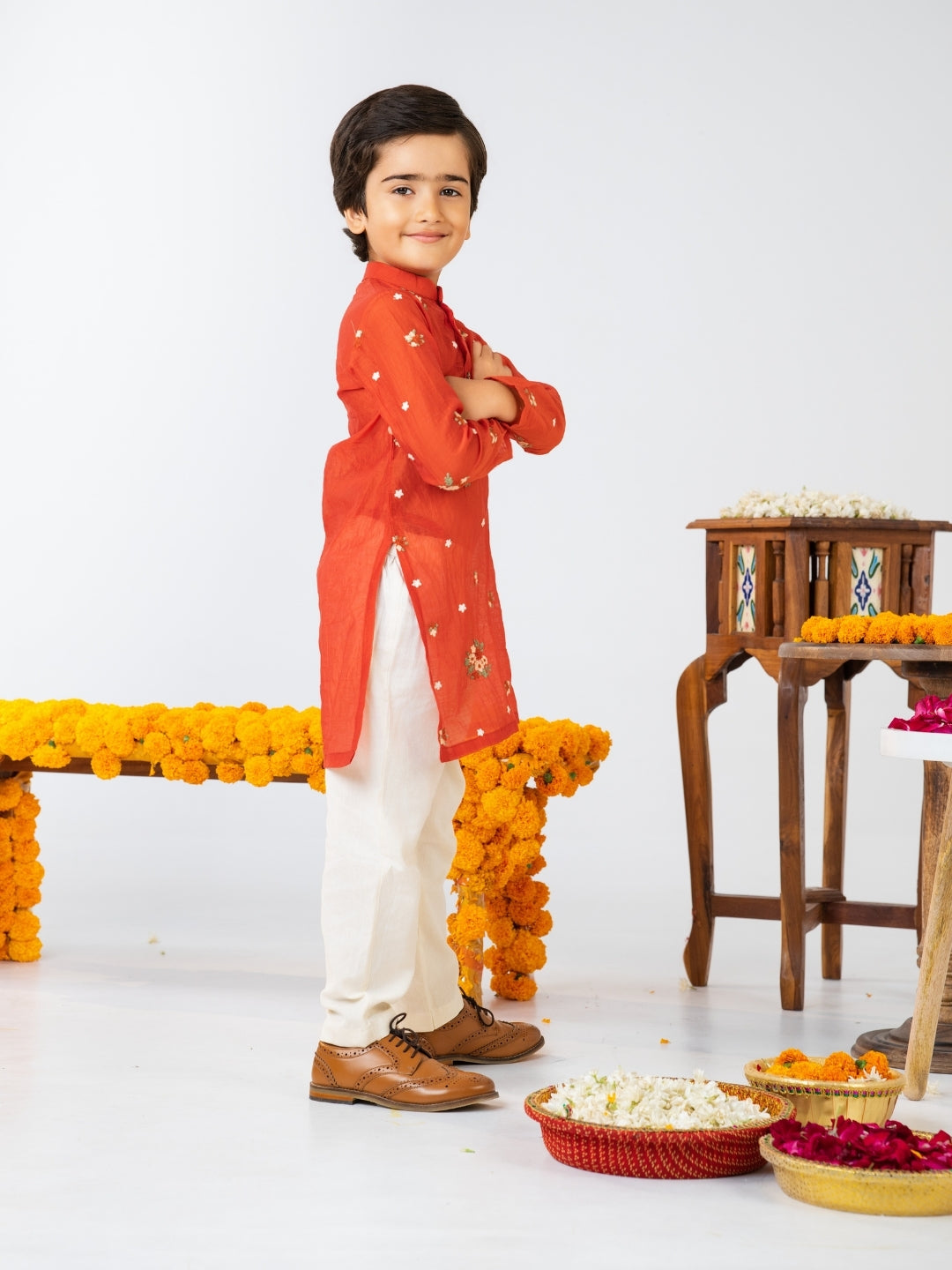 Boys Rust Orange Kurta Pant & Girls Lehenga Matching Sibling Outfit