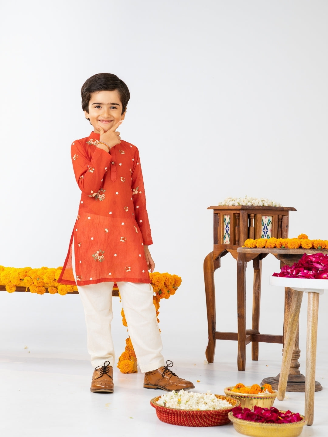 Boys Rust Orange Kurta Pant & Girls Lehenga Matching Sibling Outfit