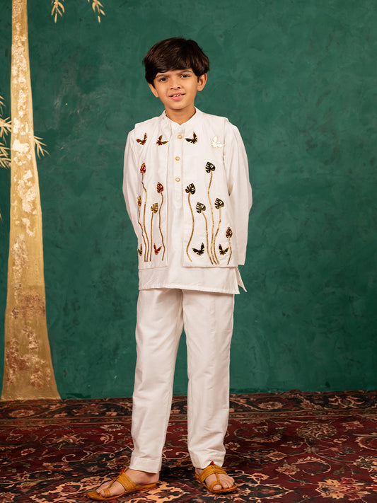 Boys White Silk Kurta and Pants with Handwork Acrylic Bundi Jacket ( Set of 3)