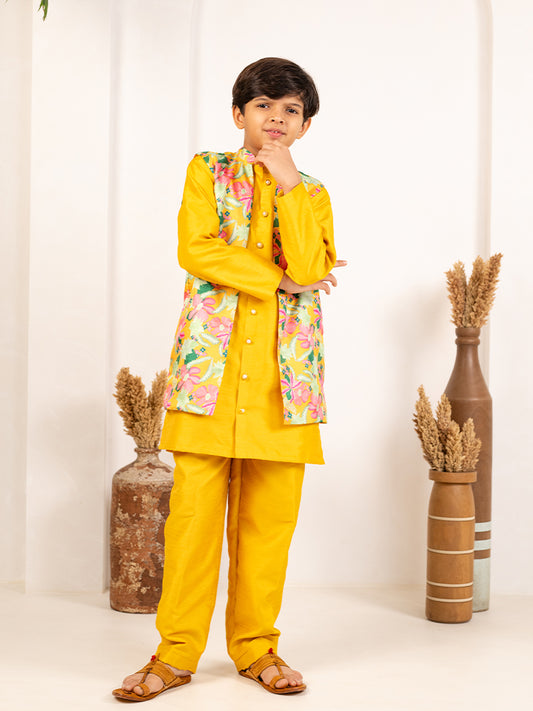 Boys Yellow Kurta and Pant with Roman Digital Print Jacket (Set of 3)
