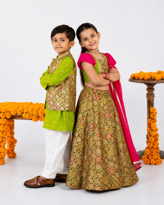 Boys Green Kurta & Girls Brocade Lehenga Sibling Set