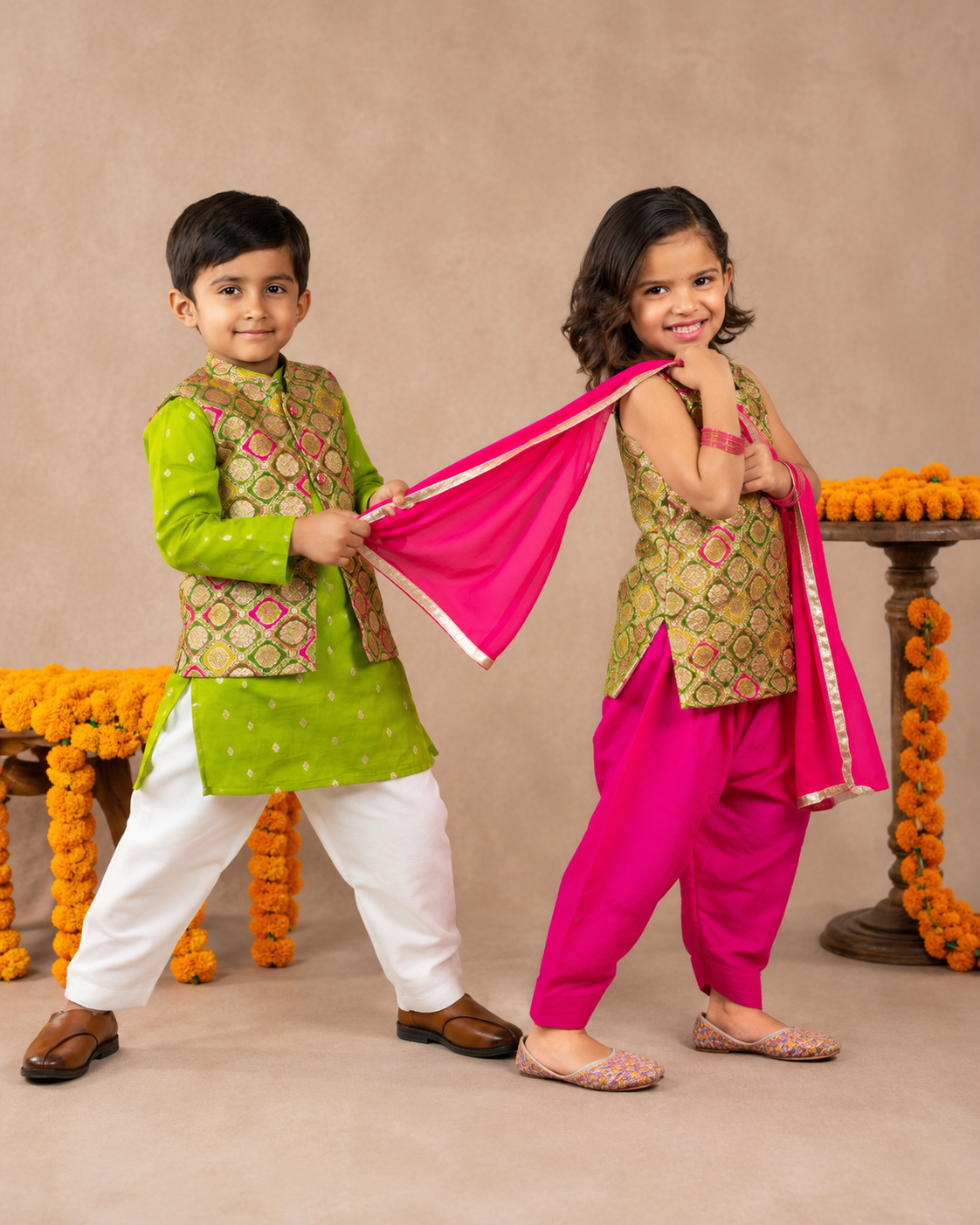 Boys Green Kurta & Girls Salwar Suit Family Celebration Set