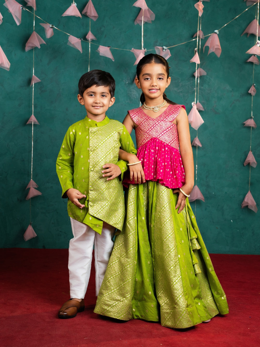 Boys Light Green Kurta & Girls Peplum Lehenga Sibling Combo