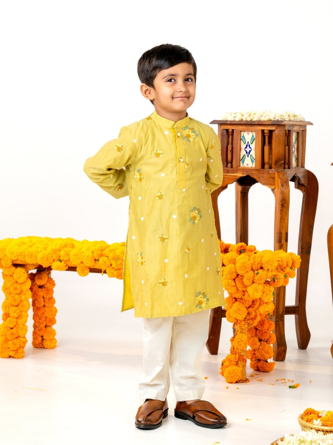 Boys Light Mustard Embroidered Kurta Pant Set (Set of 2)