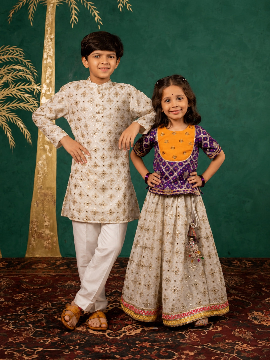 Boys Off White Kurta & Girls Mirror Work Lehenga Matching Set