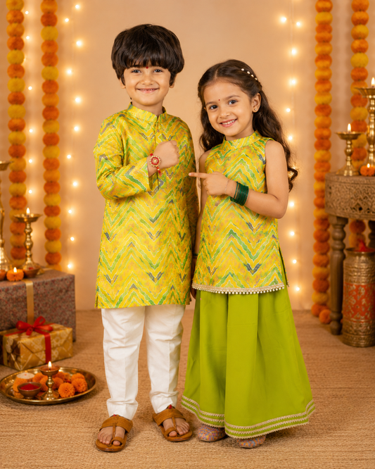 Boys Yellow Kurta Pant & Girls Top Palazzo Matching Sibling Set