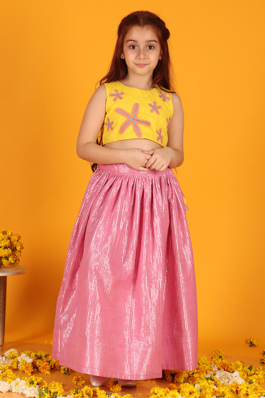 Jilmil Girls Yellow Stars Embroidered cotton crop top with Pink lehenga (set of 2)