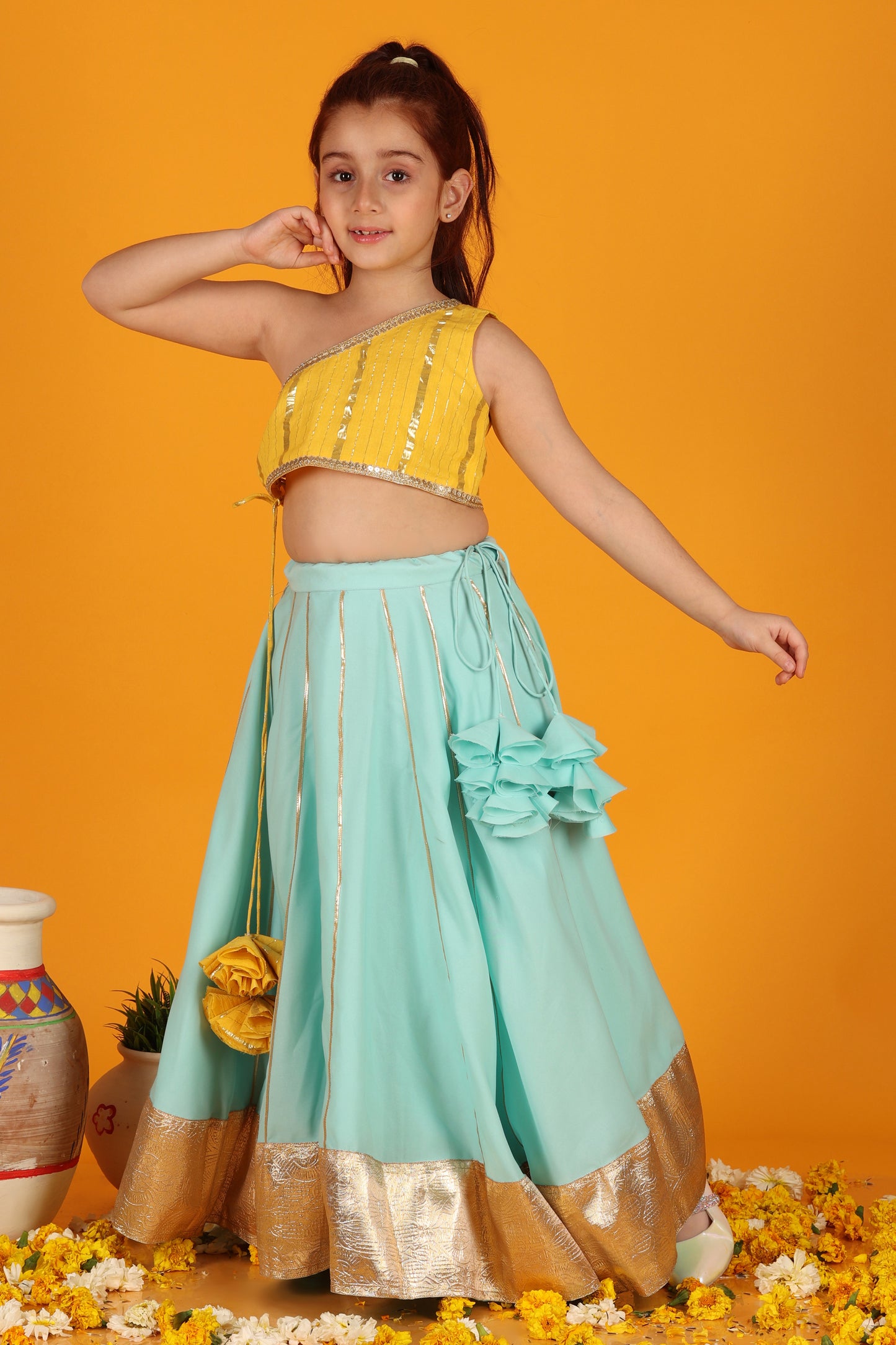 Jilmil Girls one shoulder yellow emblished blouse with Blue lehenga (set of 2)