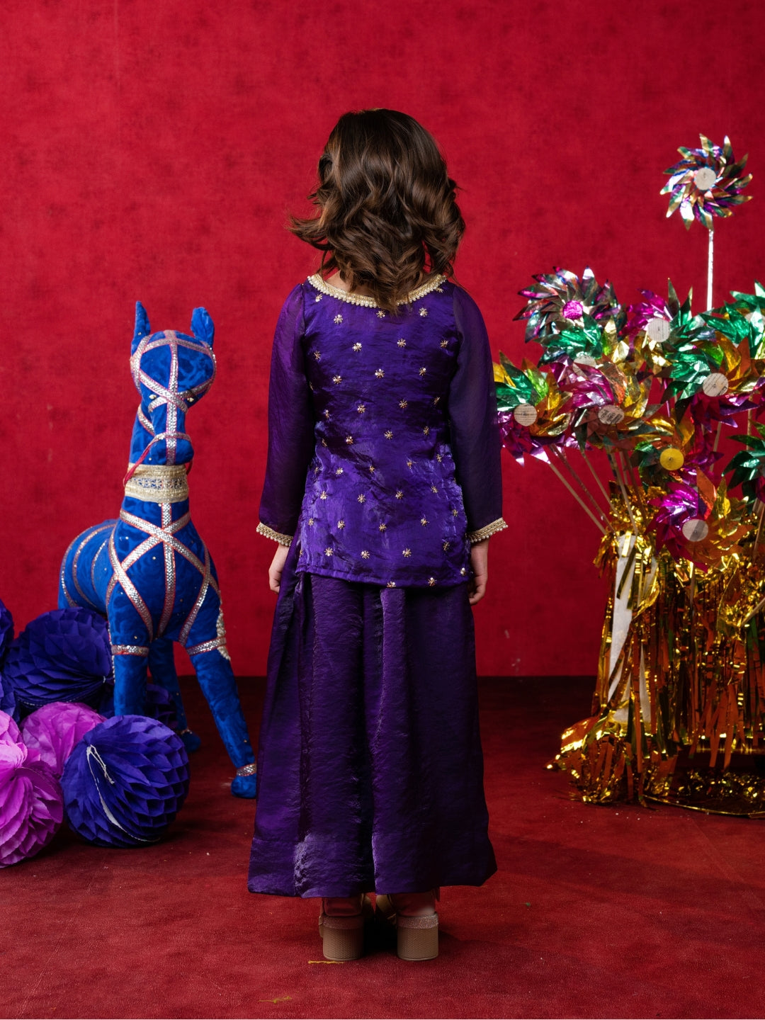 Dark Purple Embroidered Silk Top and Blouse with Palazzo (Set of 3)