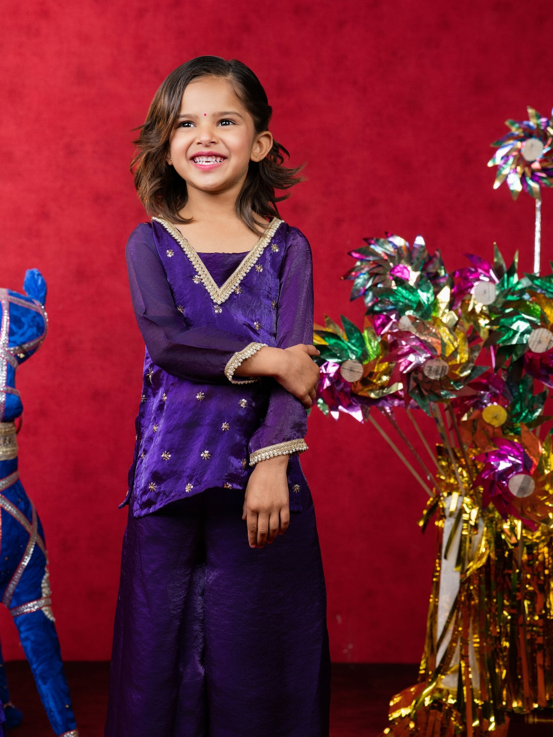 Dark Purple Embroidered Silk Top and Blouse with Palazzo (Set of 3)