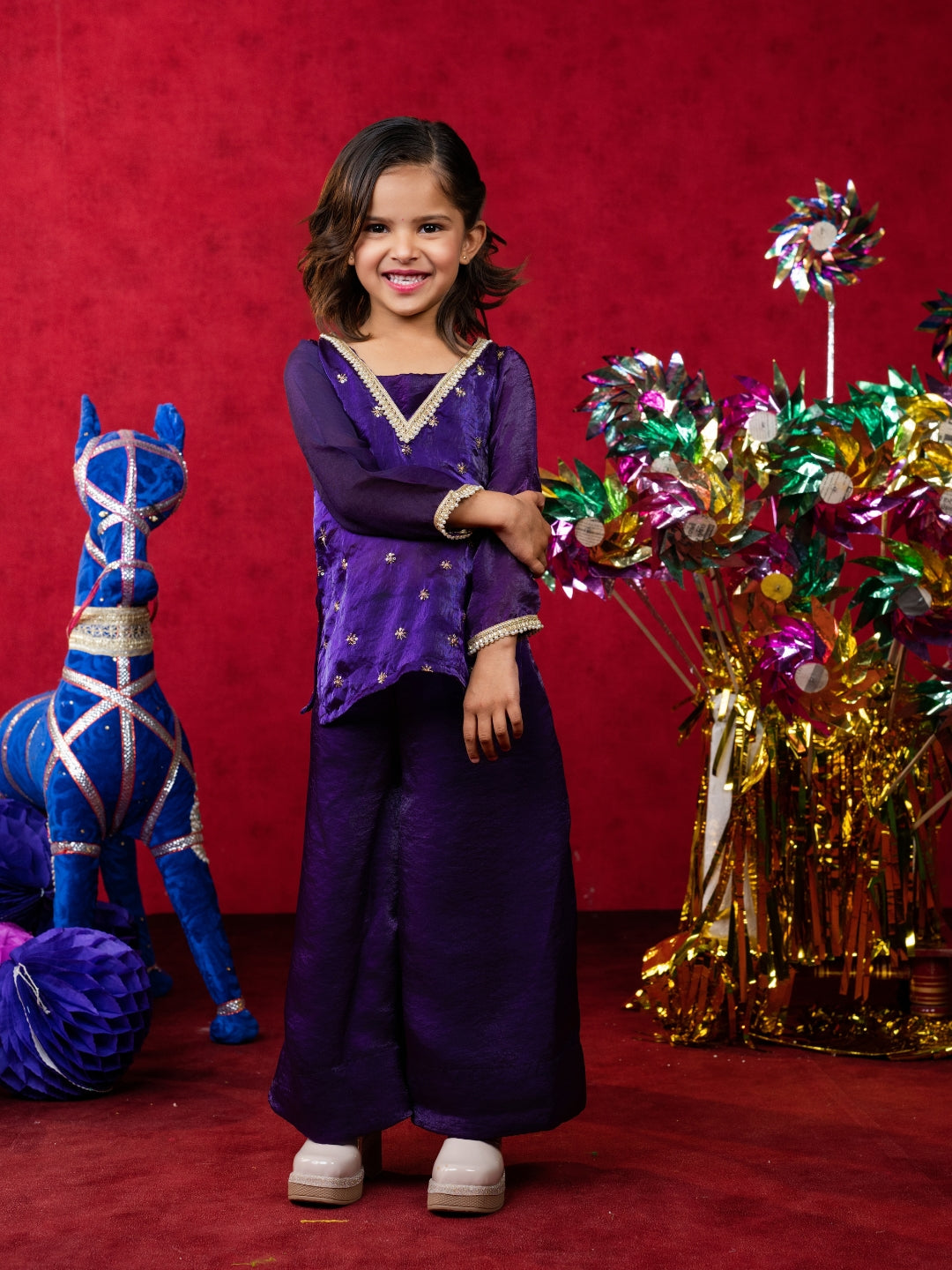 Dark Purple Embroidered Silk Top and Blouse with Palazzo (Set of 3)