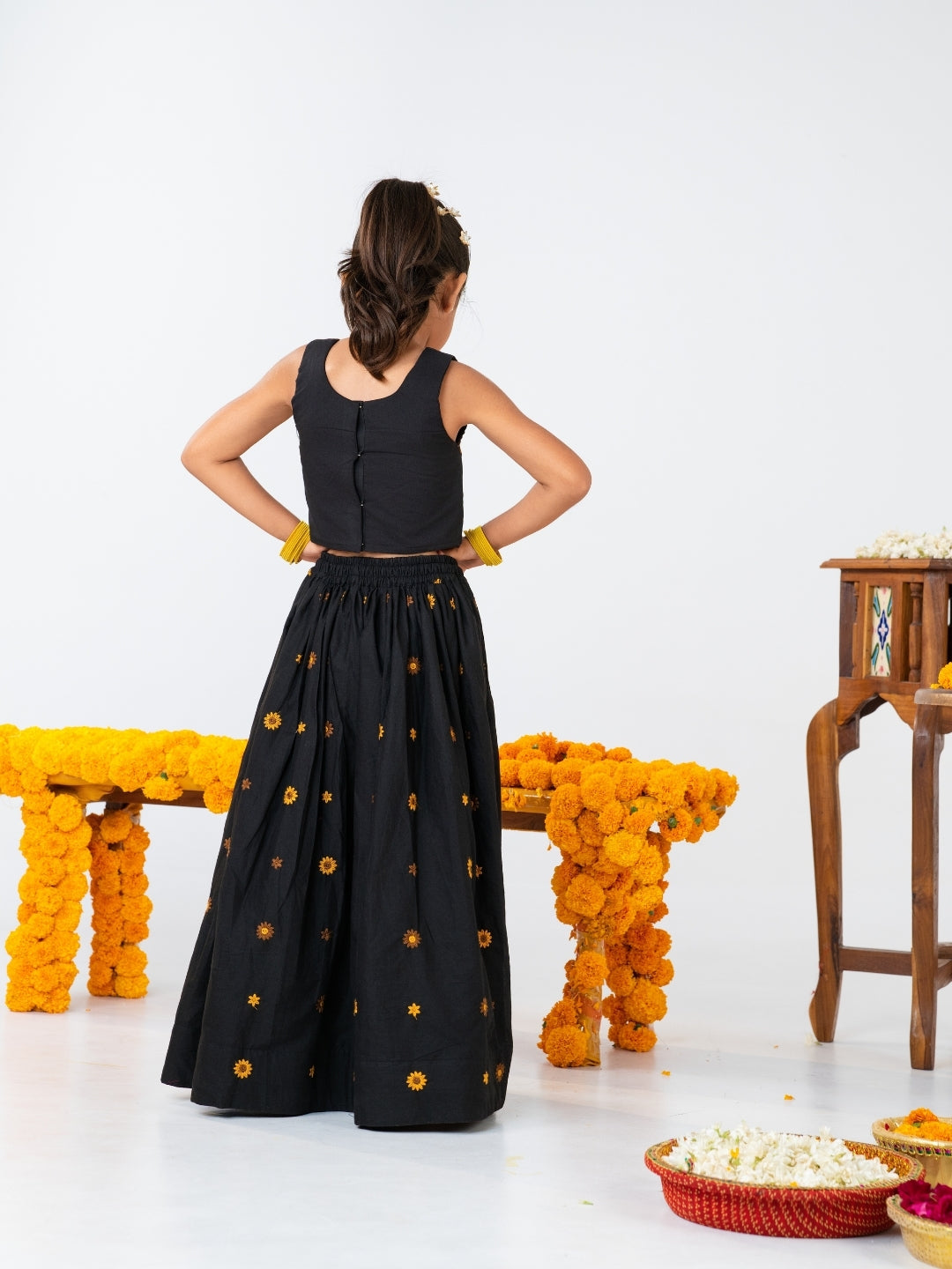 Girls Black Embroidered Top with Lehenga Set (Set of 2)