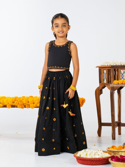 Girls Black Embroidered Top with Lehenga Set (Set of 2)