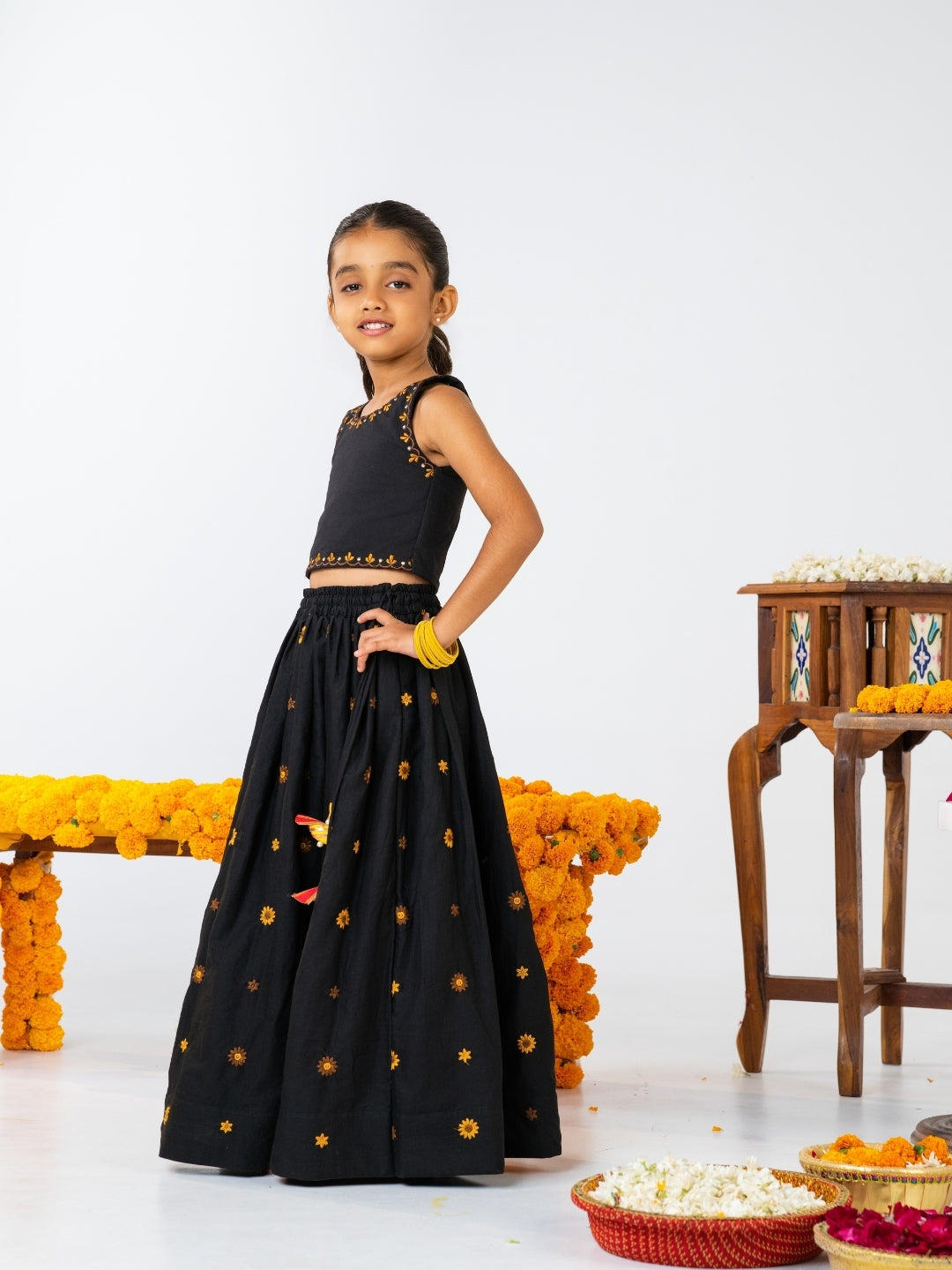 Girls Black Embroidered Top with Lehenga Set (Set of 2)