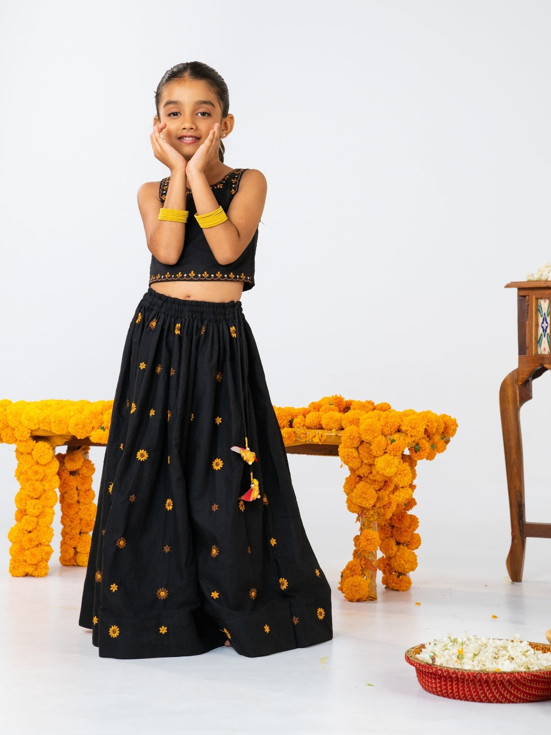 Girls Black Embroidered Top with Lehenga Set (Set of 2)