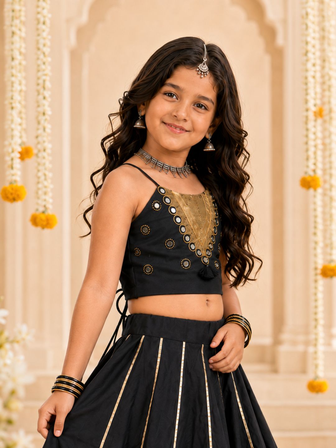 Girls Black Mirror Work Strappy Top & Lehenga Set (Set of 2)