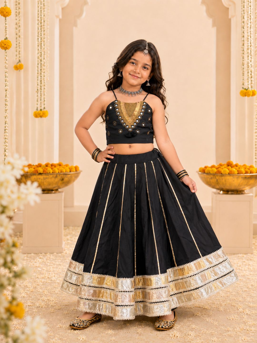 Girls Black Mirror Work Strappy Top & Lehenga Set (Set of 2)