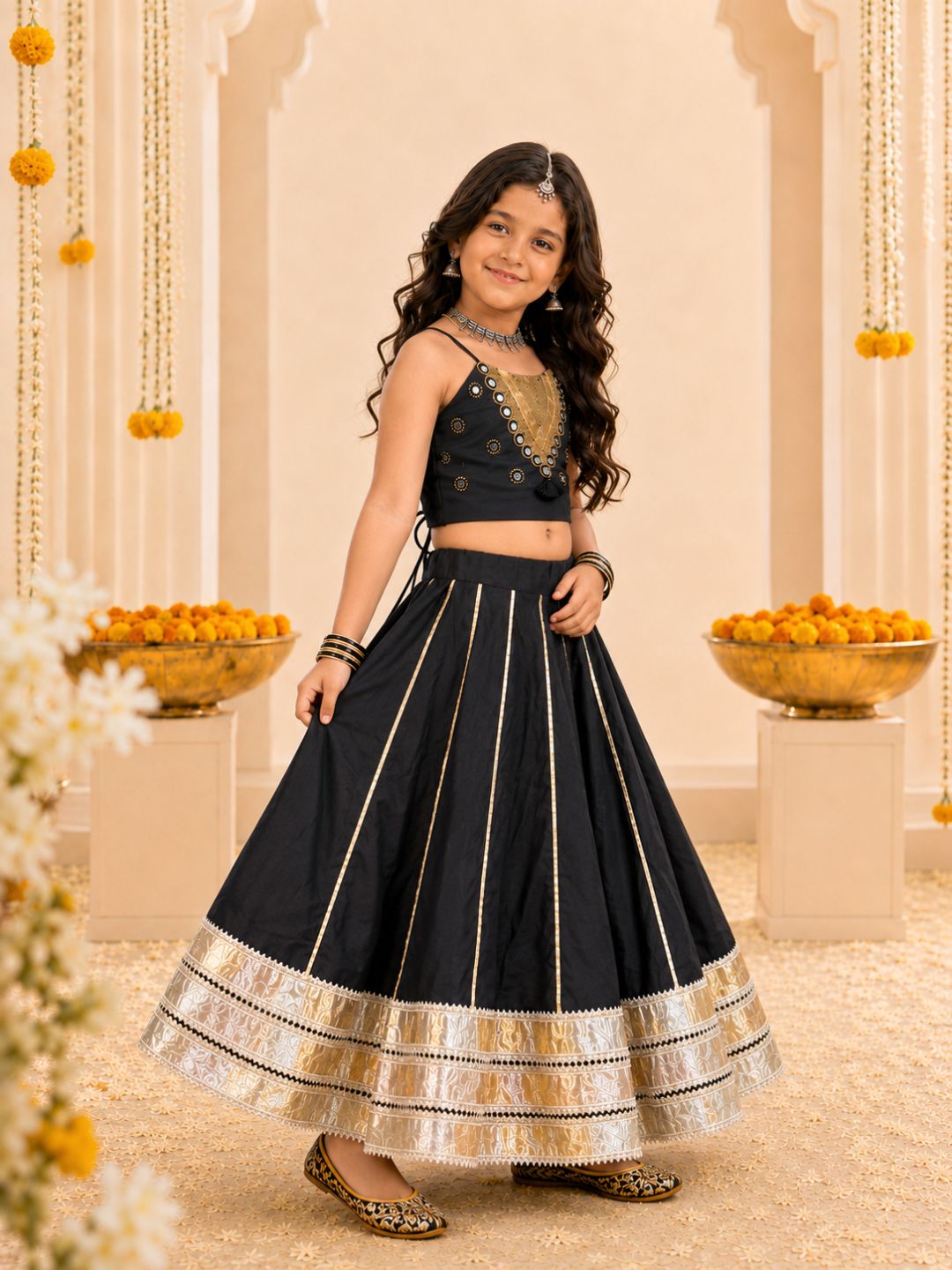 Girls Black Mirror Work Strappy Top & Lehenga Set (Set of 2)