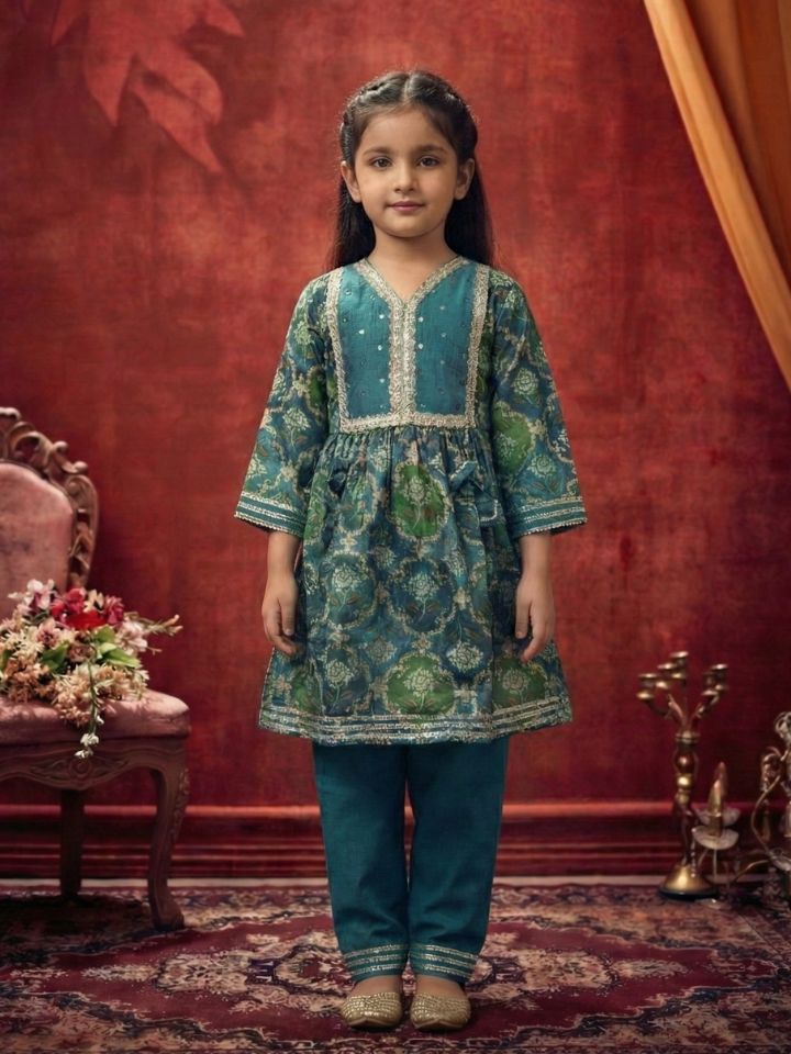 Girls Blue Anarkali Kurti with Pant (Set of 2)