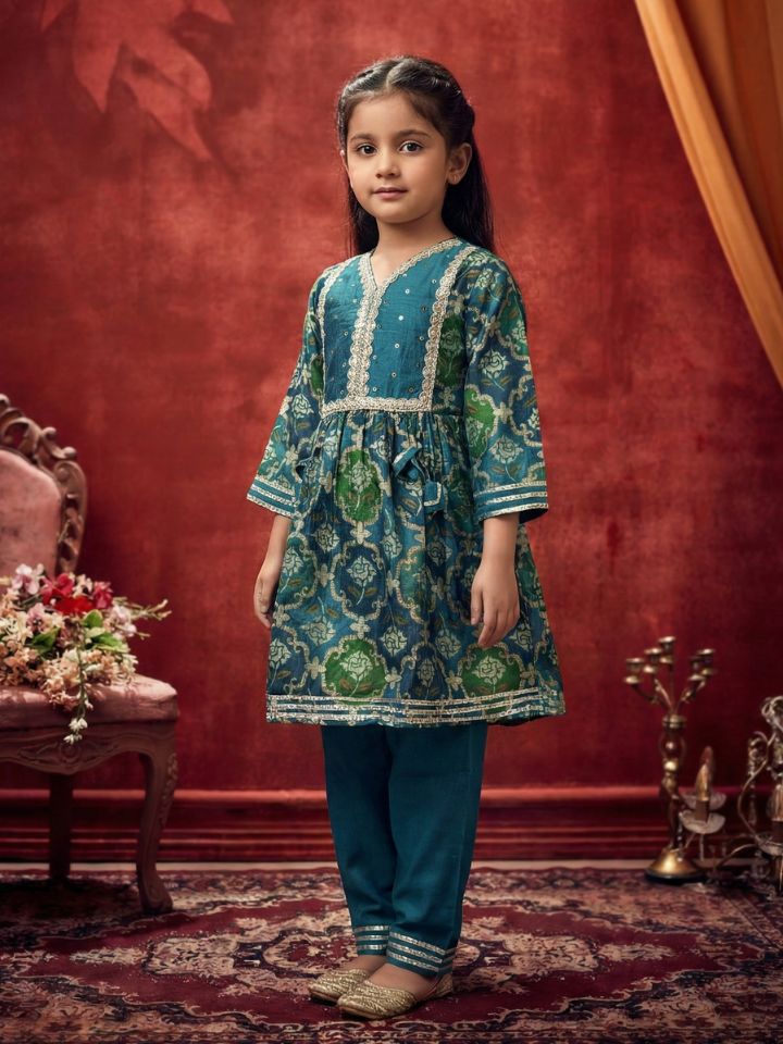 Girls Blue Anarkali Kurti with Pant (Set of 2)