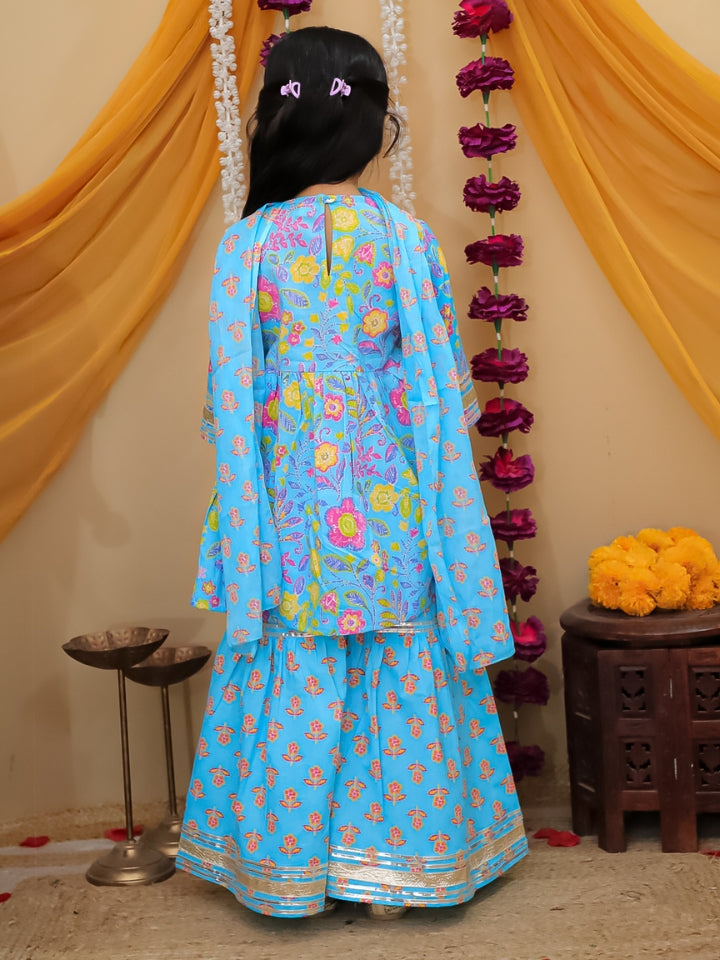 Girls Blue Printed Cotton Anarkali Sharara Set with Dupatta
