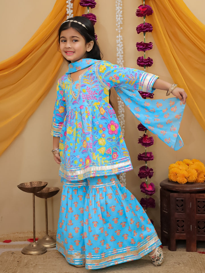 Girls Blue Printed Cotton Anarkali Sharara Set with Dupatta