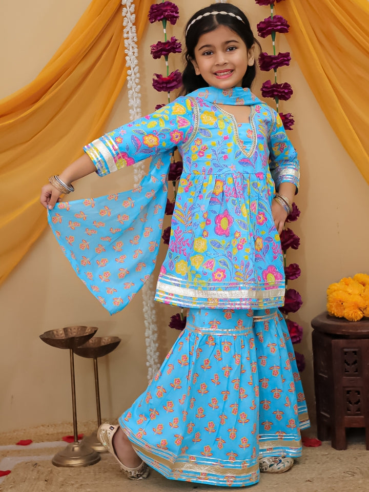 Girls Blue Printed Cotton Anarkali Sharara Set with Dupatta